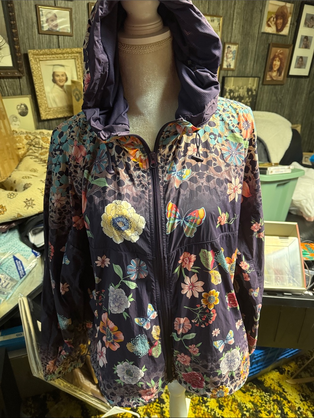 Johnny Was Purple Floral & Butterfly Hooded Utility Jacket